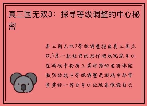 真三国无双3：探寻等级调整的中心秘密